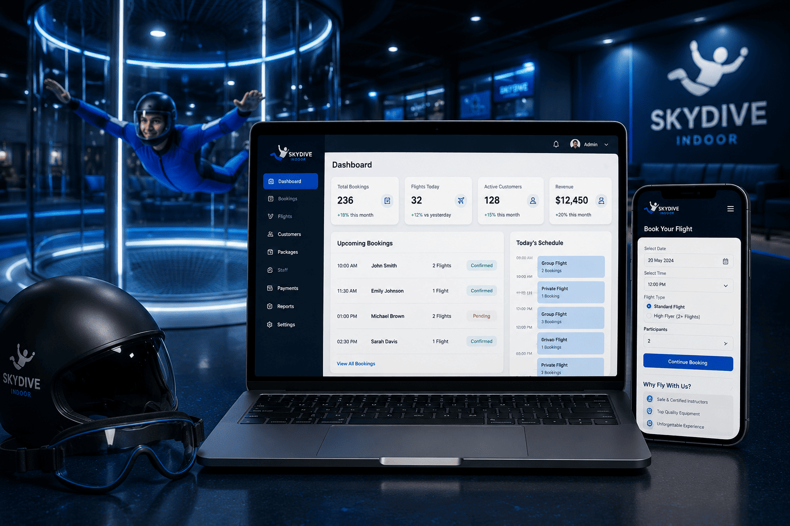 Web app for indoor sky diving operation